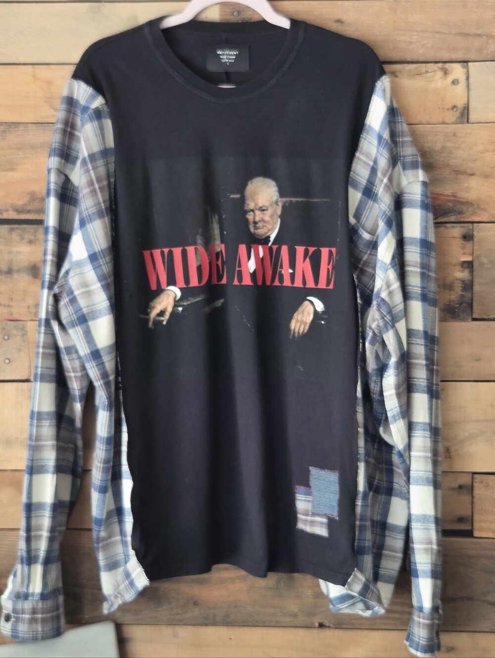 Upcycled Wide Awake Graphic T-shirt with Blue Plaid Sleeves